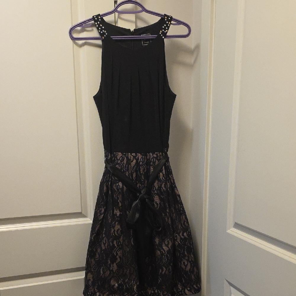 Chic Black Dress with Lace and Studded Straps